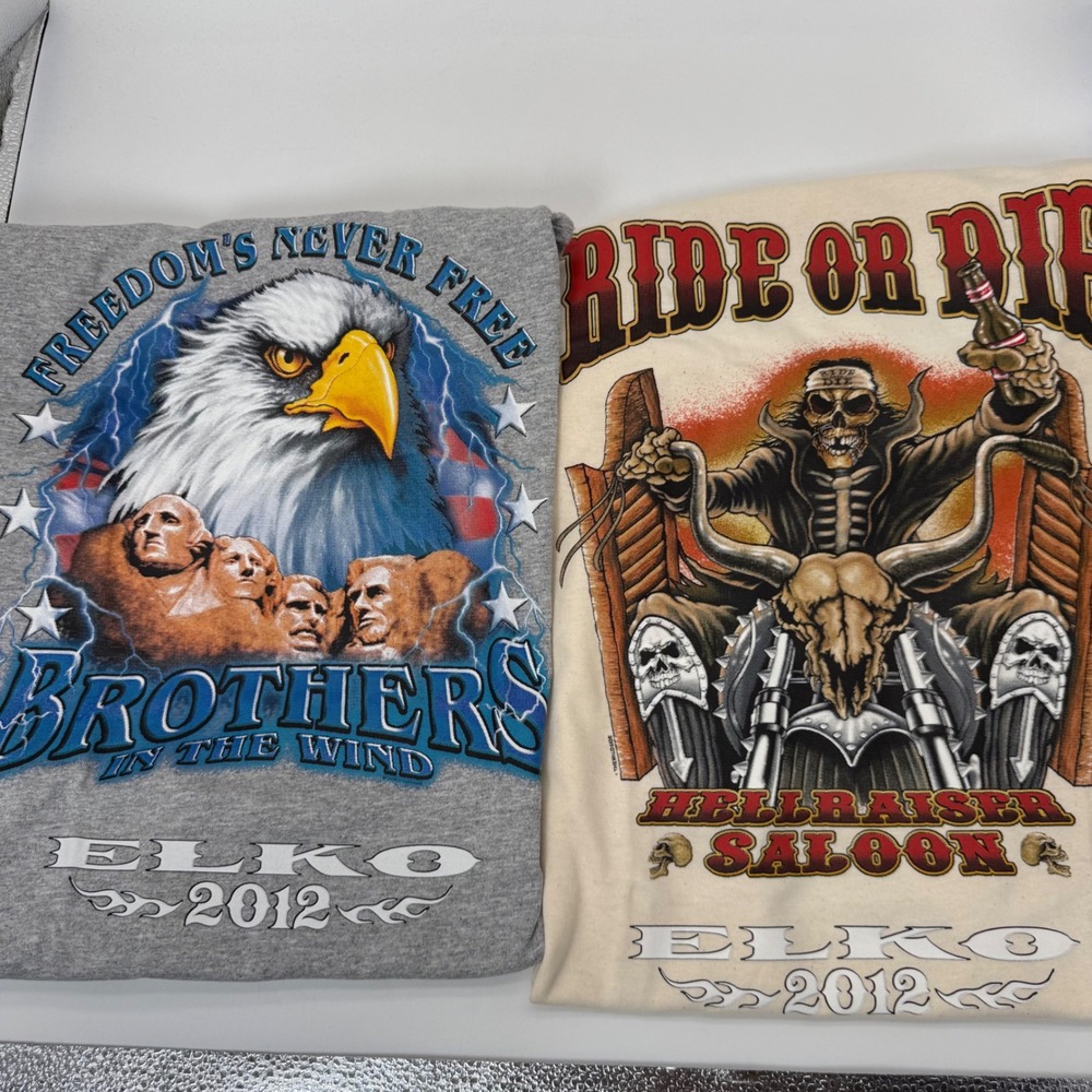 Elko 2012 Biker Bundle 2pk Graphic T-Shirts Mens L Gray Gildan Ride Or Die